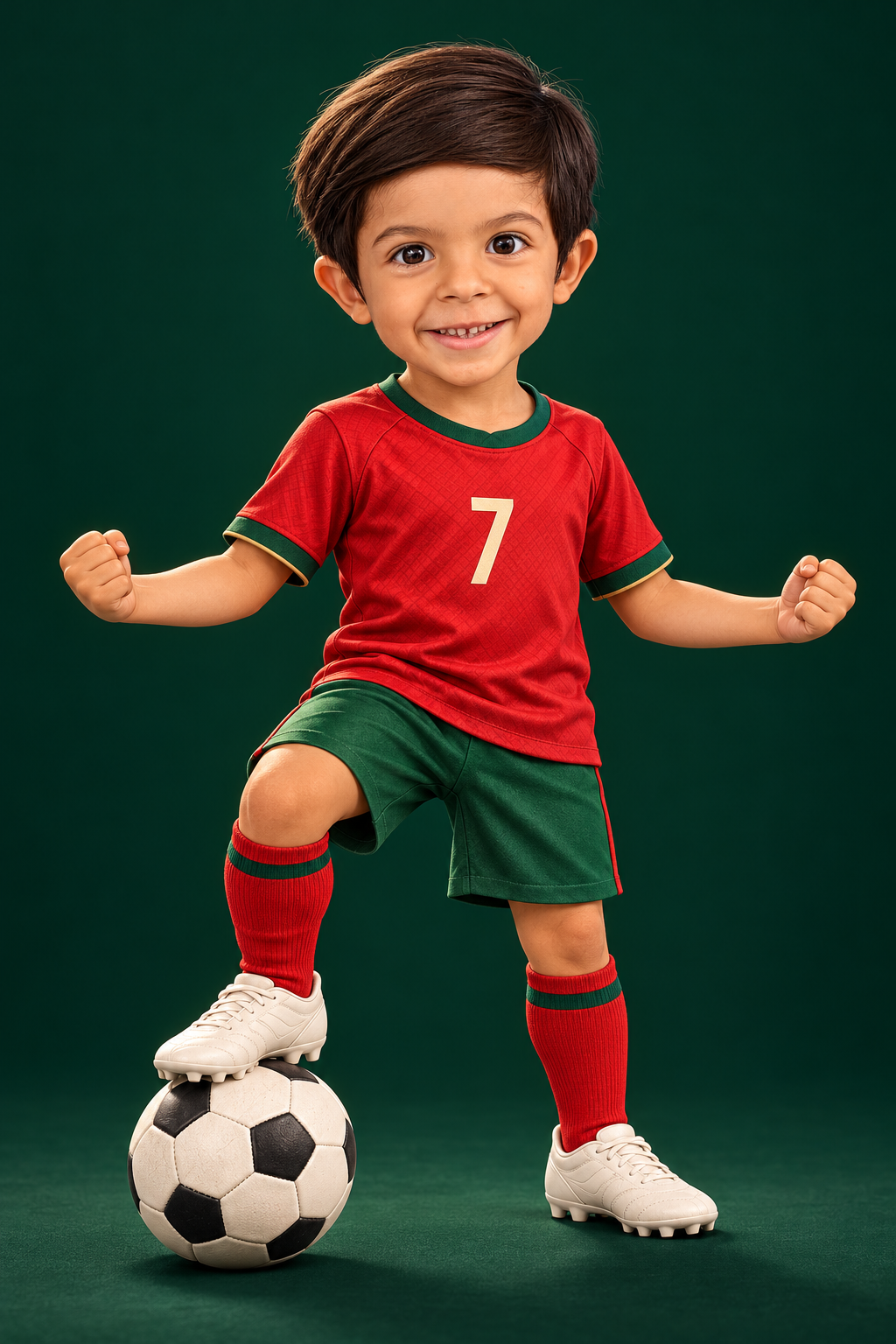 Ilustração do João como um pequeno craque, com uniforme de Portugal e camisa 7